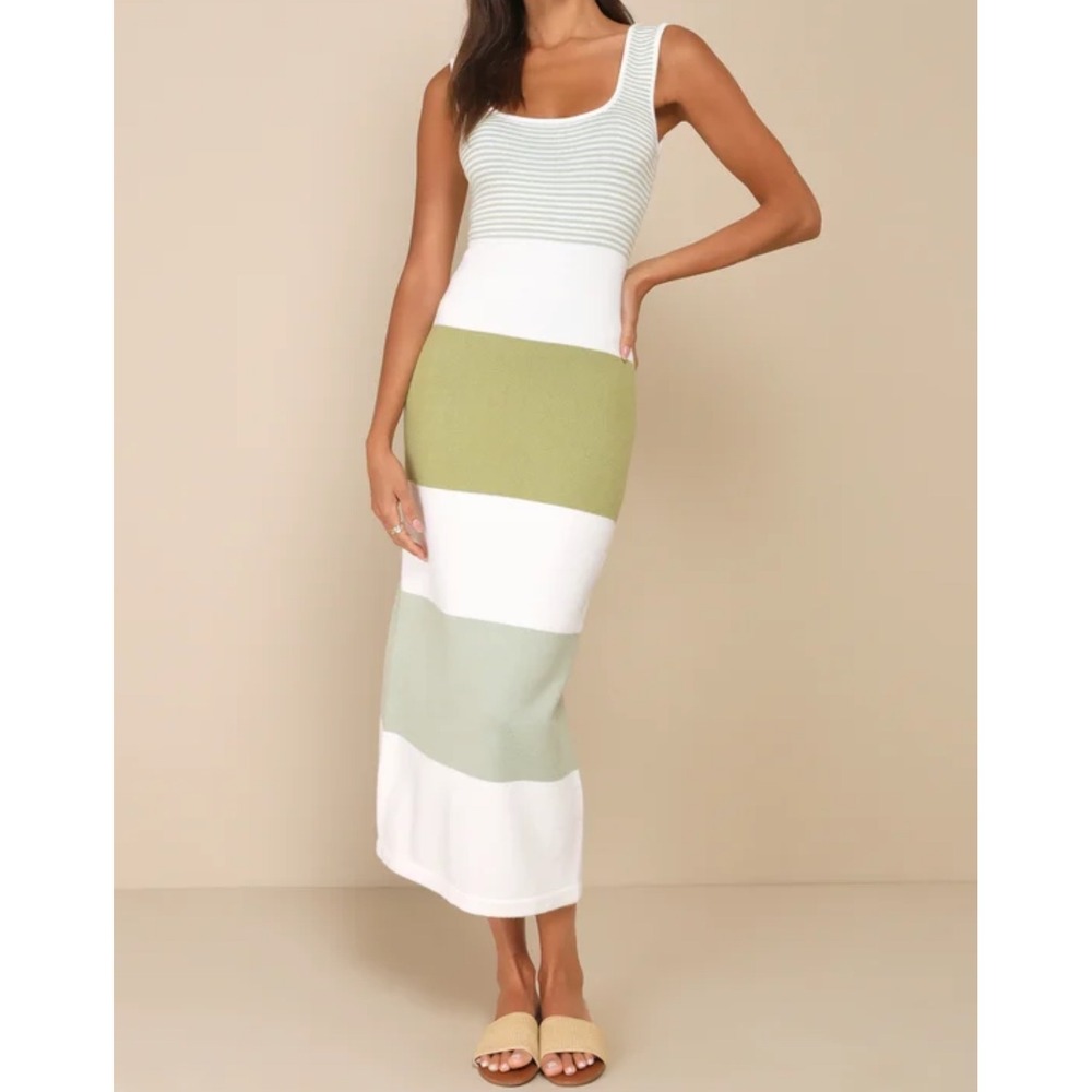 Lulu's Olive Green and White Striped Knit Maxi Dress